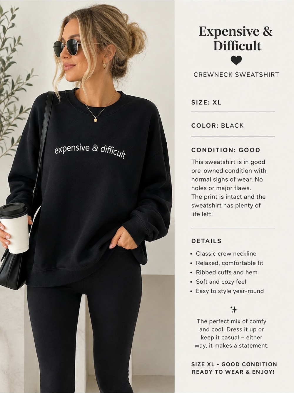 Black Graphic Crewneck Sweatshirt - 'expensive & difficult'